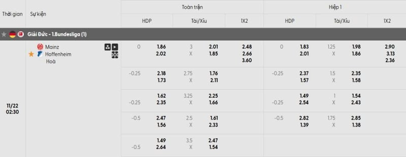 tỷ lệ kèo trận mainz vs hoffenheim